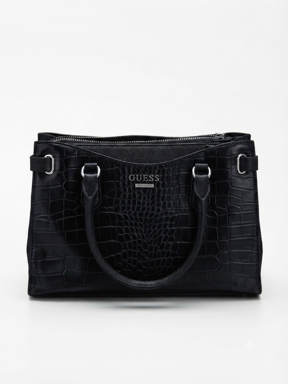 Guess Black Embossed Satchel Bag in good condition except missing one button